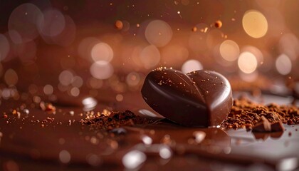 Rich heart-shaped chocolate with scattered cocoa powder and bokeh lights, perfect for romantic occasions and dessert lovers