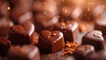 Lustrous heart-shaped chocolates, rich and dark, elegantly dusted with cocoa, evoking sweet indulgence, profound affection, and romantic joy for cherished moments
