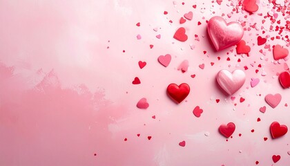 Scattered glossy and matte red and pink hearts with shimmering confetti on a soft gradient background, symbolizing love, romance, and joyful celebration for occasions