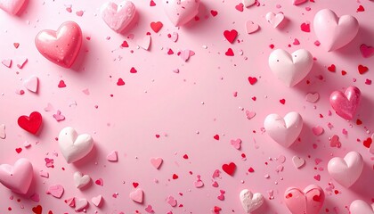 A whimsical collection of adorable heart-shaped candies scattered across a vibrant pink backdrop, creating a delightful and romantic ambiance