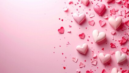 A delightful scattering of delicate pink and red hearts across a gentle pastel background, evoking feelings of love, romance, and celebration for special occasions like Valentine's Day