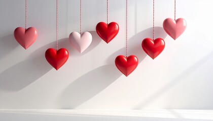 Red and pink hearts suspended by strings against a white background, symbolizing love and affection