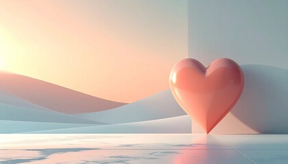 3D Rendered Pink Heart Shape Against Softly Lit Background with Abstract Curves and Reflective Surface