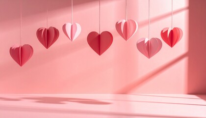 Beautiful romantic ambiance created by hanging pink and red paper hearts, casting elegant shadows on a soft pastel background, perfect for love celebrations