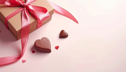 A beautifully wrapped gift box with a pink ribbon, accompanied by heart-shaped chocolates, perfect for expressing love and affection on special occasions like Valentine's Day