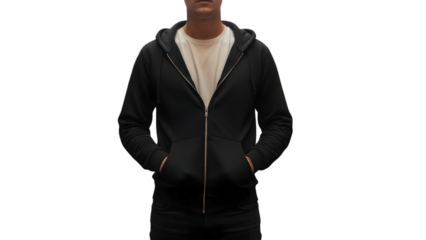 Man wearing black hoodie with hands in pockets isolated on transparent background