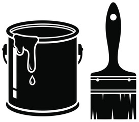 Black paint can with dripping paint and paintbrush