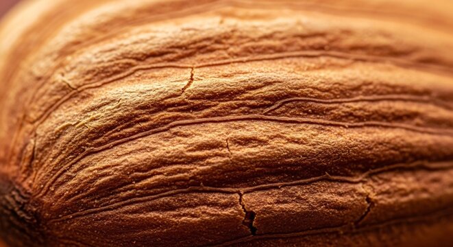 Extreme Close-Up of a Single Almond Nut Showing Detailed Wrinkled Skin Texture and Natural Brown Hues.