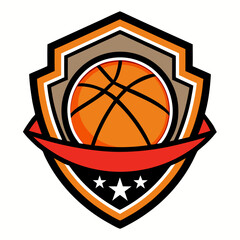 Basketball Sports Shield Logo with Ribbon and Stars