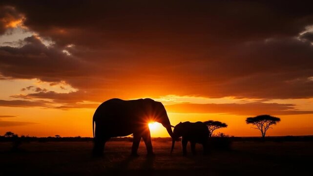 Silhouettes of two African elephants, one adult and one juvenile, standing on the savannah against a dramatic sunset sky, bright orange and dark clouds. 4k video