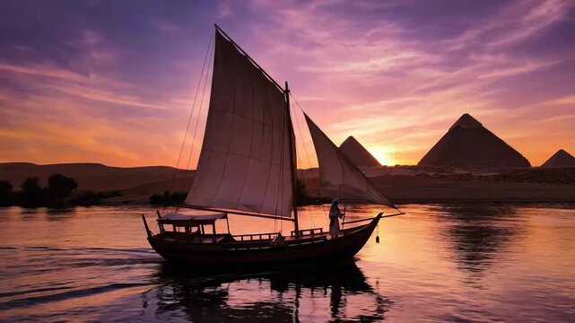 Sailing along the river at sunset with pyramids in the distance