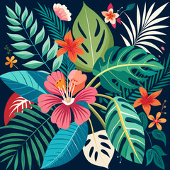 Vibrant Tropical Flowers and Leaves Botanical Vector Illustration