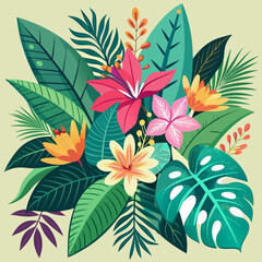 Tropical Floral Arrangement with Exotic Leaves and Flowers Vector