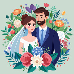 Romantic Wedding Couple Portrait with Floral Decoration Vector Illustration