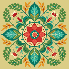Colorful Floral Folk Art Pattern with Decorative Leaves and Symmetrical Design
