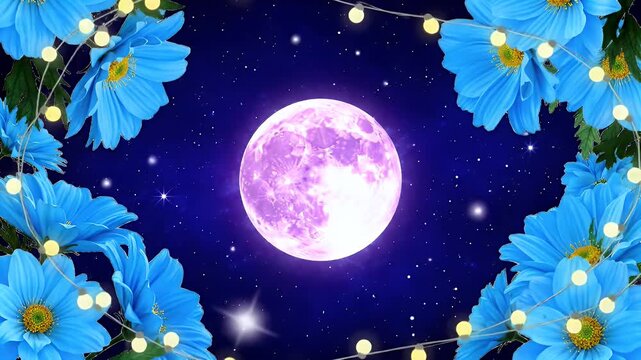 Moonlit Purple Moon Framed by Bright Blue Flowers and Twinkling Lights