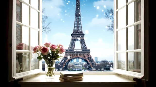 Open Window Framing a Scenic Paris View With Eiffel Tower and a Vase of Flowers