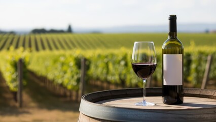 Red wine bottle and glass on barrel with scenic vineyard view in background