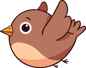 Cute cartoon brown bird with orange beak flying happily
