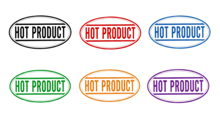 Set of six colorful oval badges with hot product text on transparent background