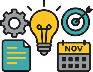 Business strategy and planning icons including light bulb, gear, target, calendar, and document