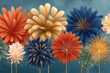 Vibrant fireworks flower display against blue background with gold, orange, and red petals