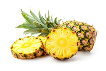 A vibrant pineapple with a fresh, juicy interior and a crown of green leaves.