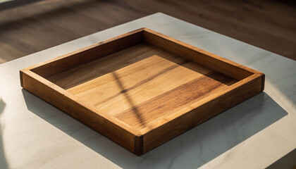 A square wooden tray with natural grain sitting on a light surface, illuminated by sunlight casting shadows.