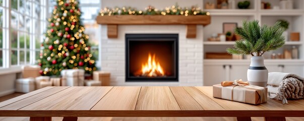Cozy Christmas living room with a lit fireplace, decorated tree, and gifts on a wooden table.