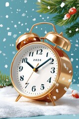 Golden alarm clock in the snow with festive pine branches and the year 2026