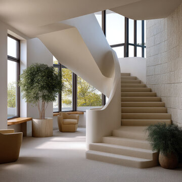 Curved staircase modern interior large window beige carpet natural light indoor plant cozy seating elegant mid century style peaceful