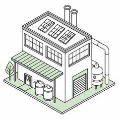 Sustainable factory with rainwater recycling system and solar panels on roof