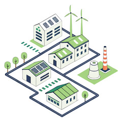Aerial view of renewable energy factory complex with solar panels and wind turbines