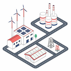 Isometric view of renewable energy factory and industrial complex