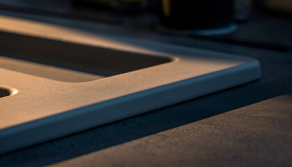 Close-up view of a modern kitchen sink or countertop edge with warm side lighting.