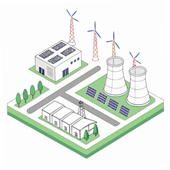 Naklejka premium Angle view of renewable energy industrial complex with solar panels and wind turbines
