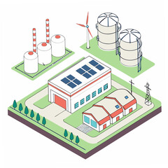 Angle view of renewable energy industrial complex with solar panels and wind turbine