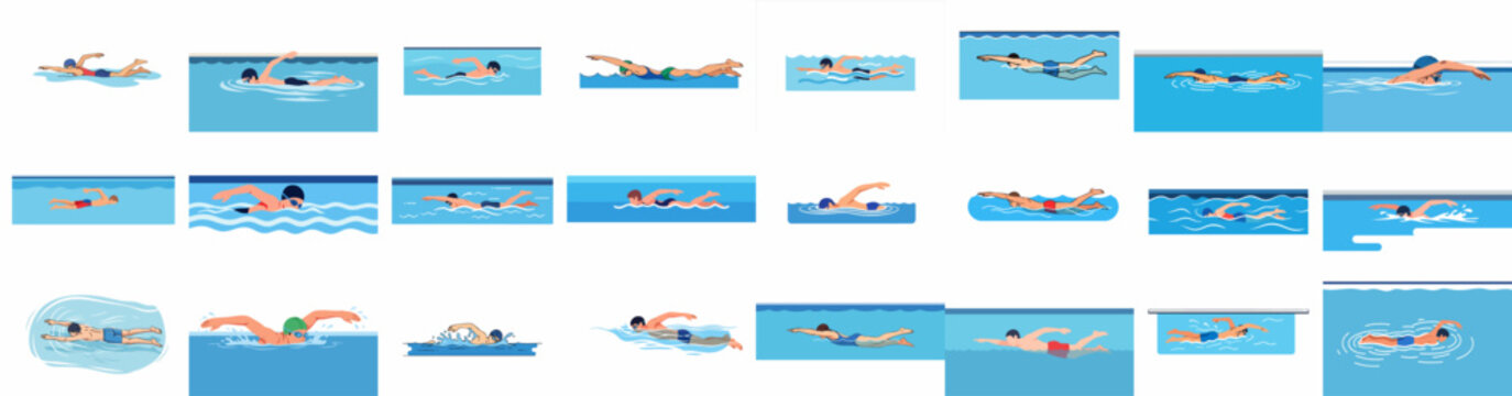 A diverse collection of flat vector illustrations showcasing people swimming various strokes like freestyle, backstroke, and butterfly in pools, highlighting water sports and fitness.