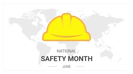 National Safety Month animation, yellow helmet sign, avoid injuries, accident prevention, wear headgear, hard hat protection, security regulation warning, hazard alert, world map background
