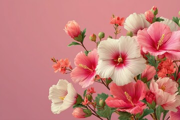 Delicate pink and white hibiscus flowers bloom against a soft pink background