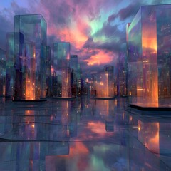 Dreamlike Scene of a Glass Metropolis Mirroring the Aurora Borealis, city at night