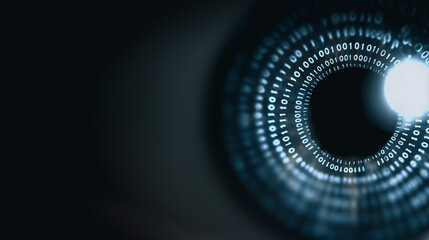 A digitally enhanced close-up showcases a stylized representation of an eye, the iris is artfully transformed into a binary code of zeros and ones.