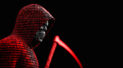 A digital reaper with a hooded figure made of binary code, wielding a scythe in a dark setting, representing the dangers of cybercrime and data breaches.
