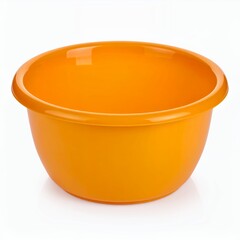 Vibrant orange plastic bowl isolated on a seamless white studio backdrop