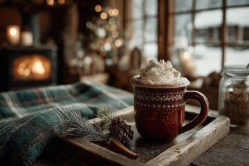 Cozy red mug of hot cocoa with whipped cream by a warm fireplace and holiday lights