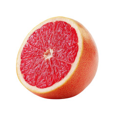 Fresh grapefruit half isolated on transparent background. Vibrant citrus fruit with juicy red flesh for vitamin nutrition, healthy eating, juice design, detox lifestyle, and fresh food advertising.