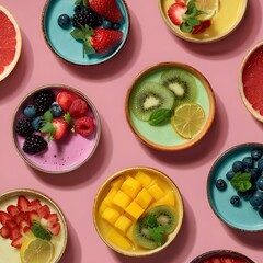 Healthy Lifestyle Breakfast Featuring Colorful Smoothie Bowls and Fresh Fruit Toppings, set of fruit salad