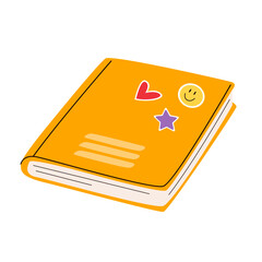 Yellow book decorated with stickers. Diary for reflection, art therapy. Album for drawing