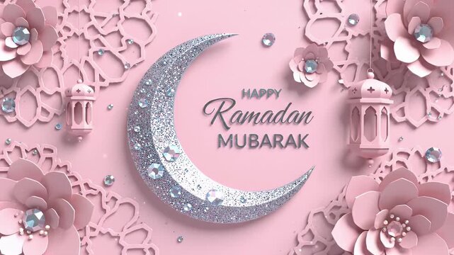 Soft Pink Ramadan Celebration Illustration with Crescent Moon, Lanterns and Floral Embellishments