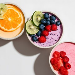 Top-Down View of Colorful Smoothie Bowls Topped with Fresh Fruits and Superfoods, fresh fruit salad with berries